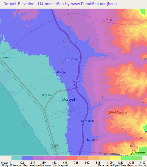 Dortyol,Turkey Elevation Map