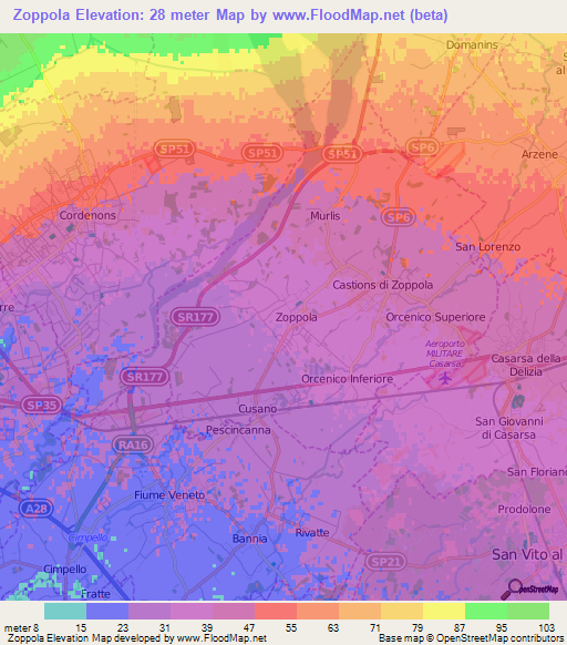 Zoppola,Italy Elevation Map