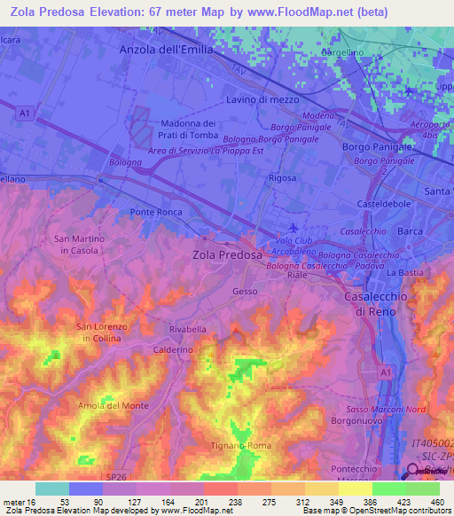 Zola Predosa,Italy Elevation Map