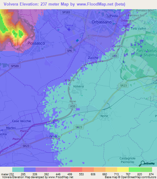 Volvera,Italy Elevation Map