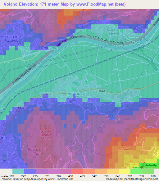 Volano,Italy Elevation Map