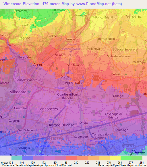 Vimercate,Italy Elevation Map