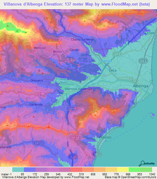 Villanova d'Albenga,Italy Elevation Map