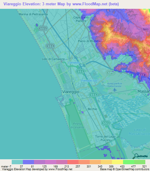 Viareggio,Italy Elevation Map