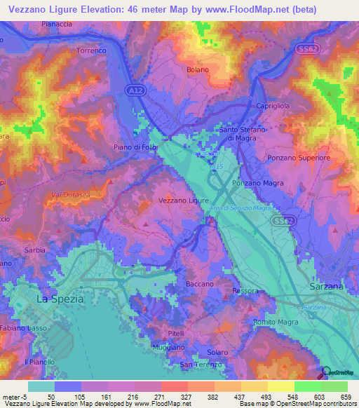 Vezzano Ligure,Italy Elevation Map