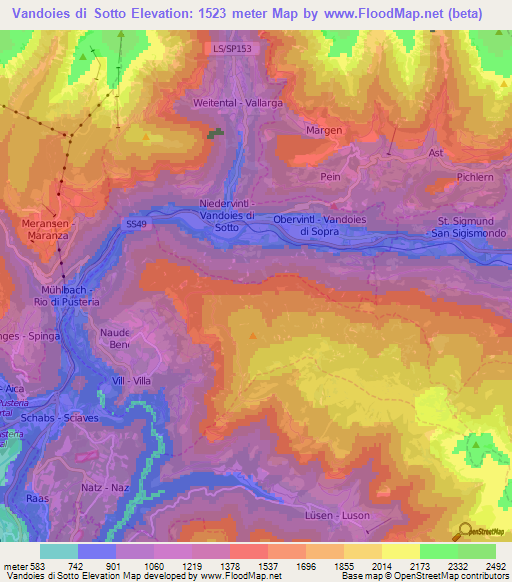 Vandoies di Sotto,Italy Elevation Map