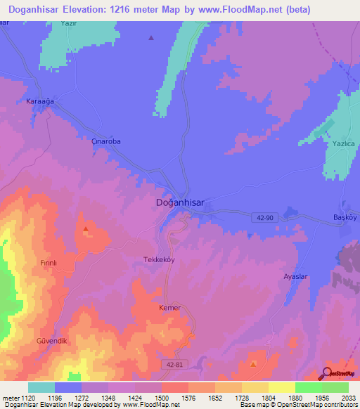 Doganhisar,Turkey Elevation Map