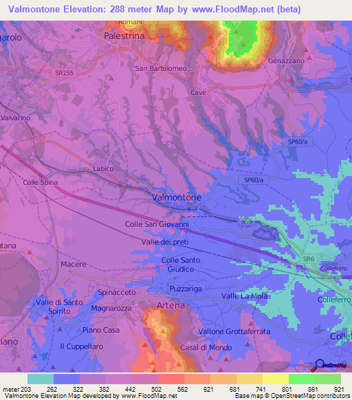 Valmontone,Italy Elevation Map