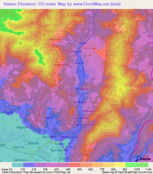 Vaiano,Italy Elevation Map