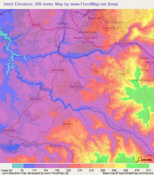 Usini,Italy Elevation Map