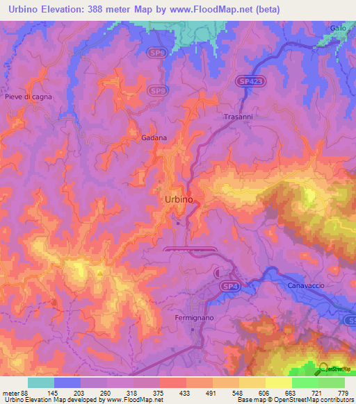 Urbino,Italy Elevation Map