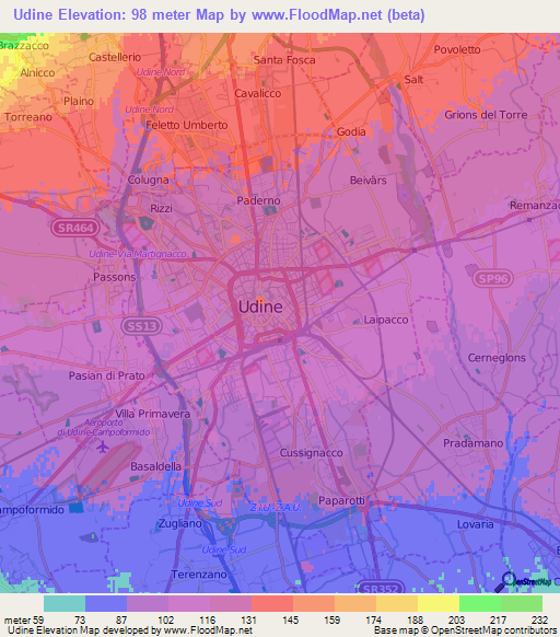 Udine,Italy Elevation Map