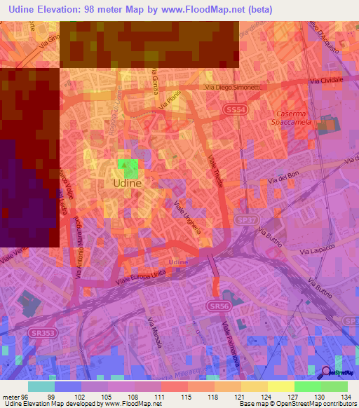 Udine,Italy Elevation Map