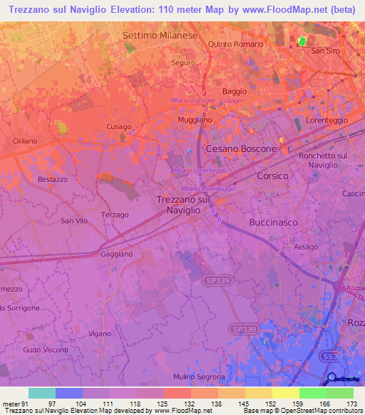 Trezzano sul Naviglio,Italy Elevation Map