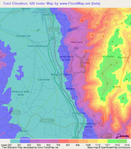 Trevi,Italy Elevation Map