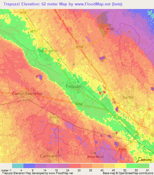 Trepuzzi,Italy Elevation Map