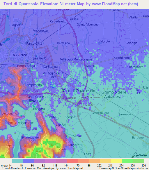Torri di Quartesolo,Italy Elevation Map