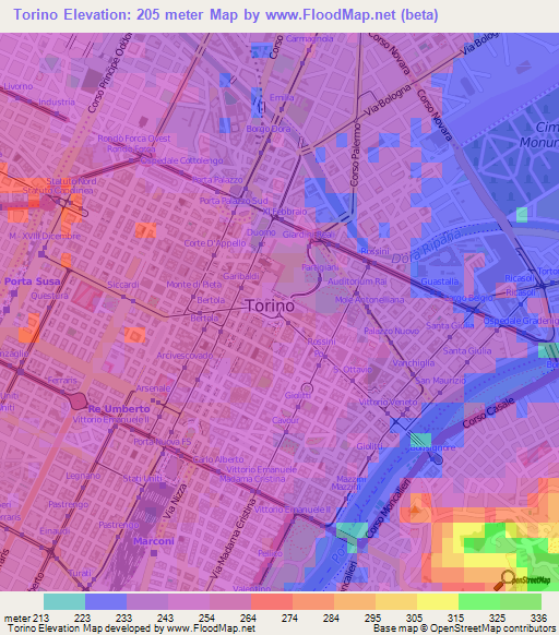 Torino,Italy Elevation Map