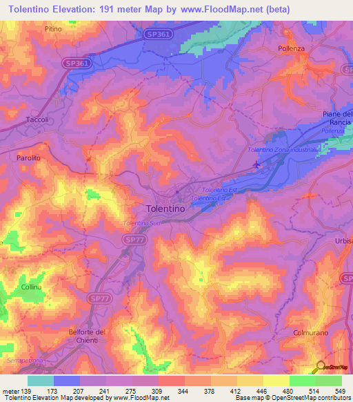 Tolentino,Italy Elevation Map