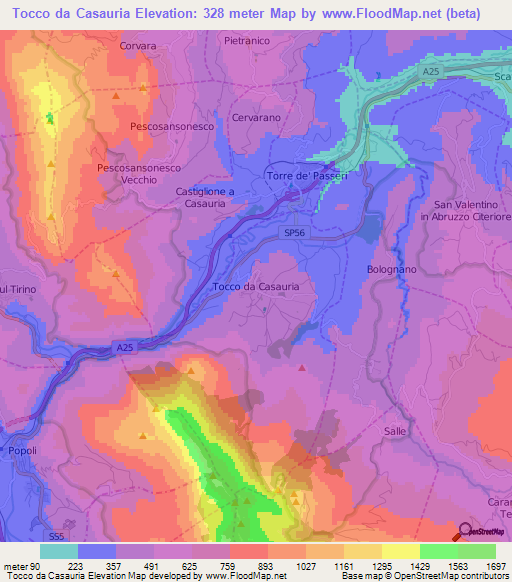 Tocco da Casauria,Italy Elevation Map