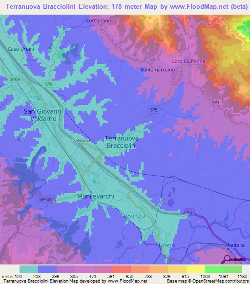 Terranuova Bracciolini,Italy Elevation Map