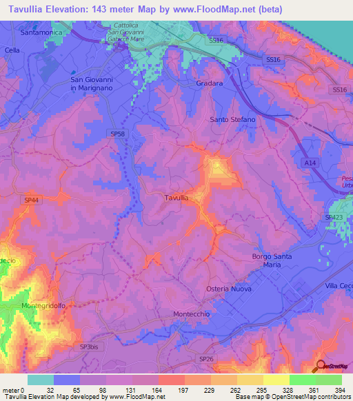 Tavullia,Italy Elevation Map