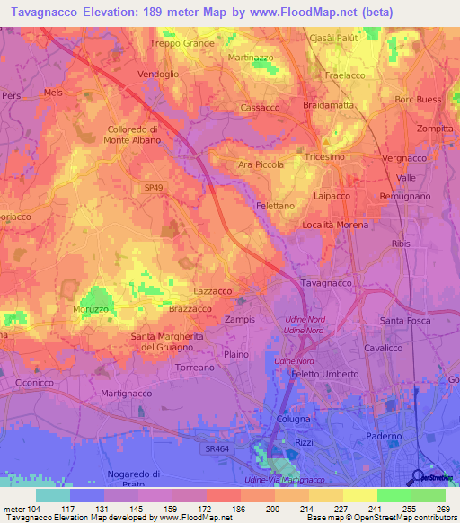 Tavagnacco,Italy Elevation Map