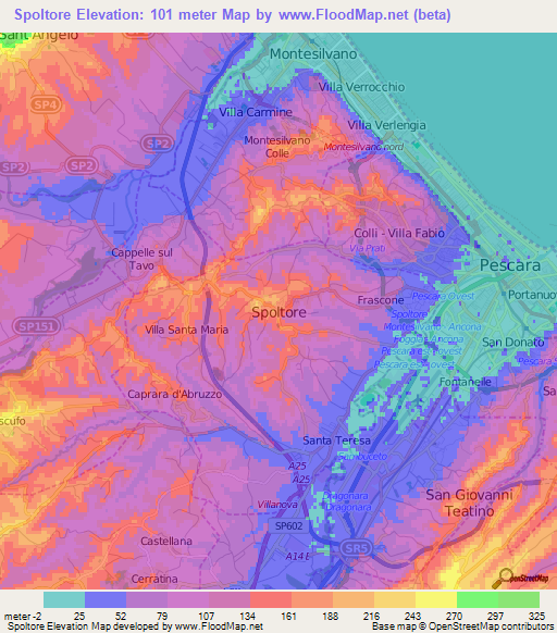 Spoltore,Italy Elevation Map