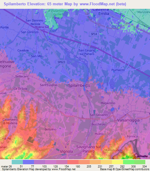 Spilamberto,Italy Elevation Map