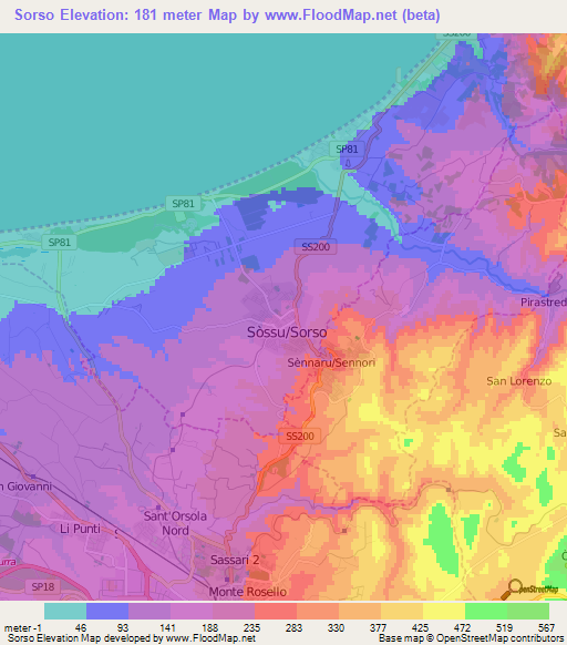 Sorso,Italy Elevation Map