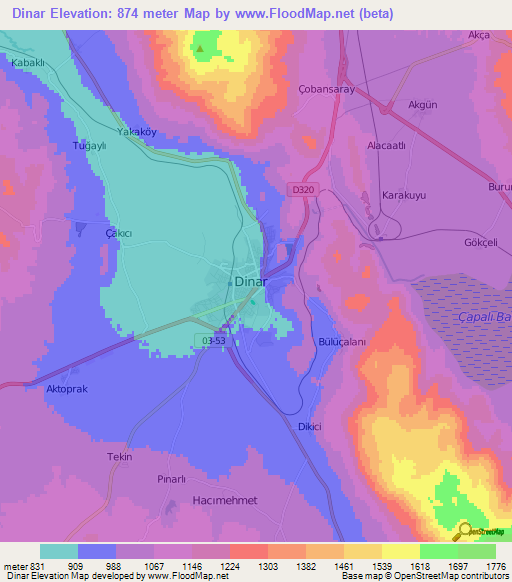 Dinar,Turkey Elevation Map