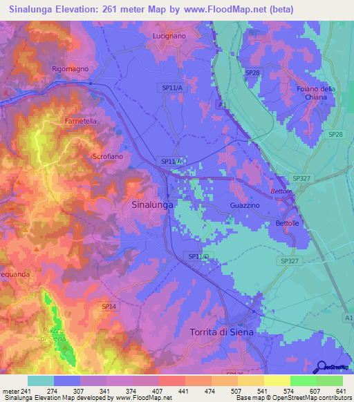 Sinalunga,Italy Elevation Map