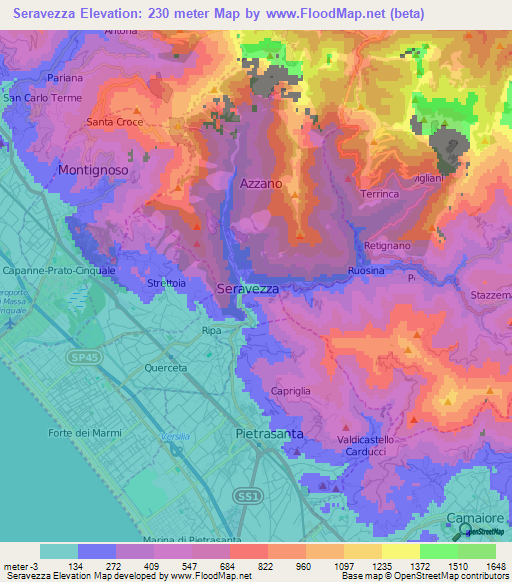 Seravezza,Italy Elevation Map