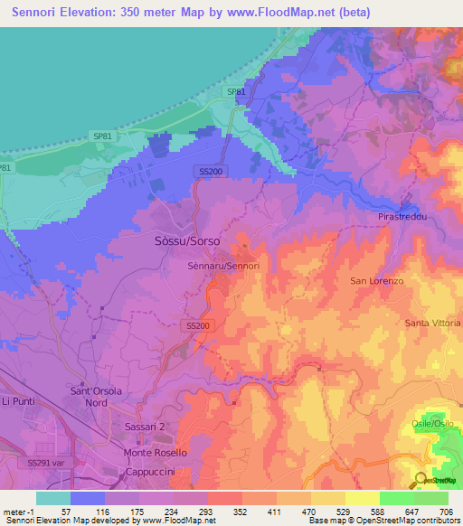 Sennori,Italy Elevation Map