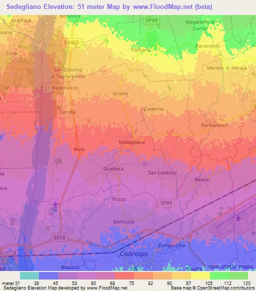 Sedegliano,Italy Elevation Map