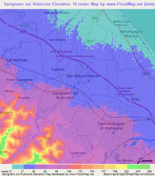 Savignano sul Rubicone,Italy Elevation Map