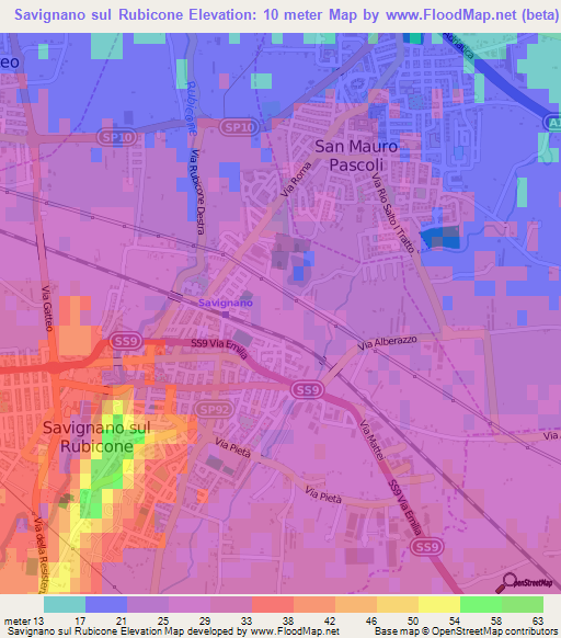 Savignano sul Rubicone,Italy Elevation Map