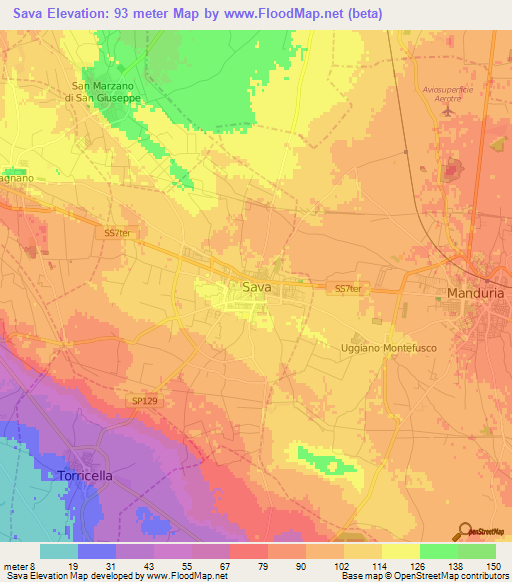 Sava,Italy Elevation Map