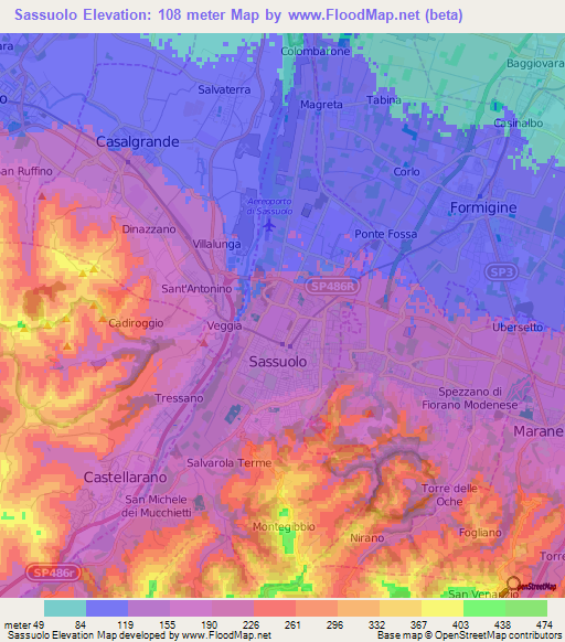 Sassuolo,Italy Elevation Map