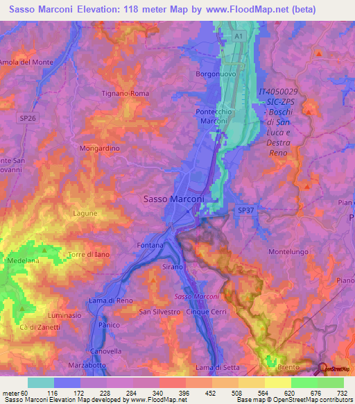 Sasso Marconi,Italy Elevation Map