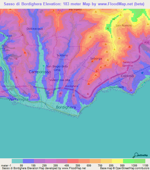 Sasso di Bordighera,Italy Elevation Map