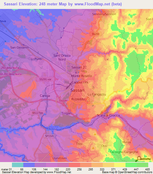 Sassari,Italy Elevation Map