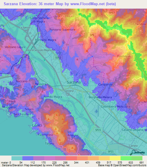 Sarzana,Italy Elevation Map