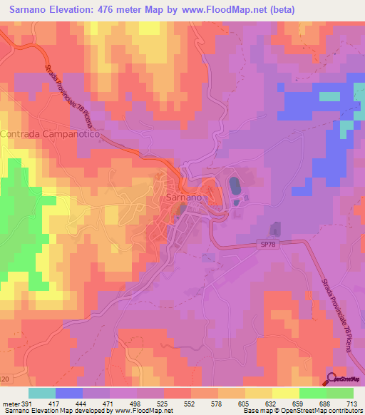 Sarnano,Italy Elevation Map