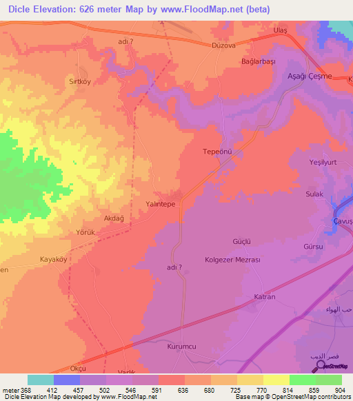 Dicle,Turkey Elevation Map