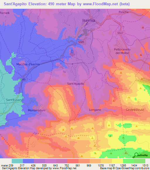 Sant'Agapito,Italy Elevation Map