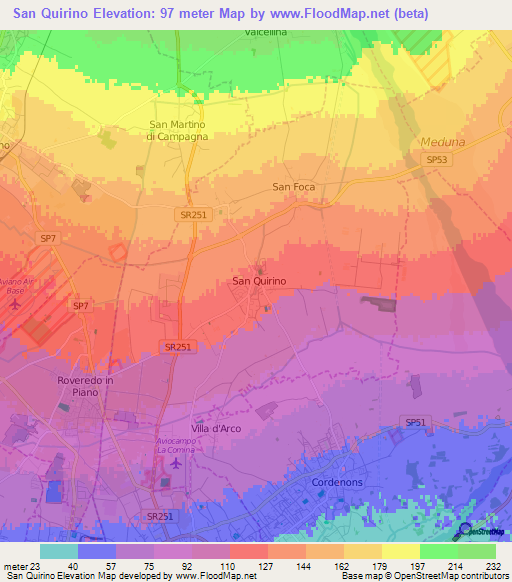 San Quirino,Italy Elevation Map