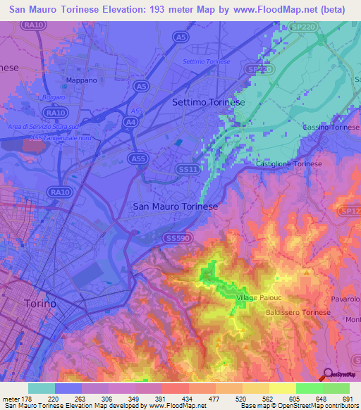 San Mauro Torinese,Italy Elevation Map
