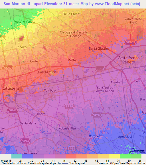 San Martino di Lupari,Italy Elevation Map