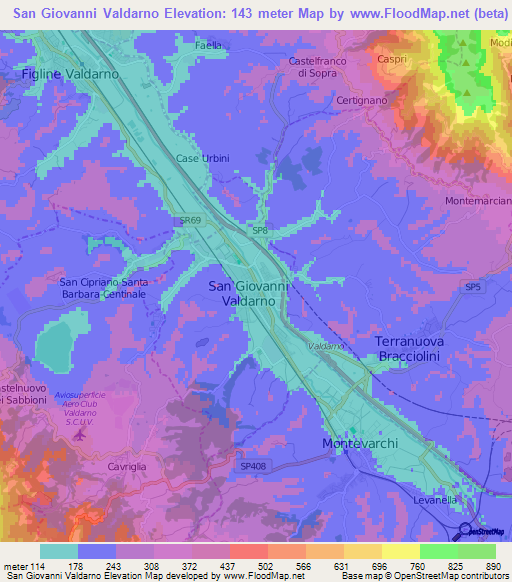 San Giovanni Valdarno,Italy Elevation Map